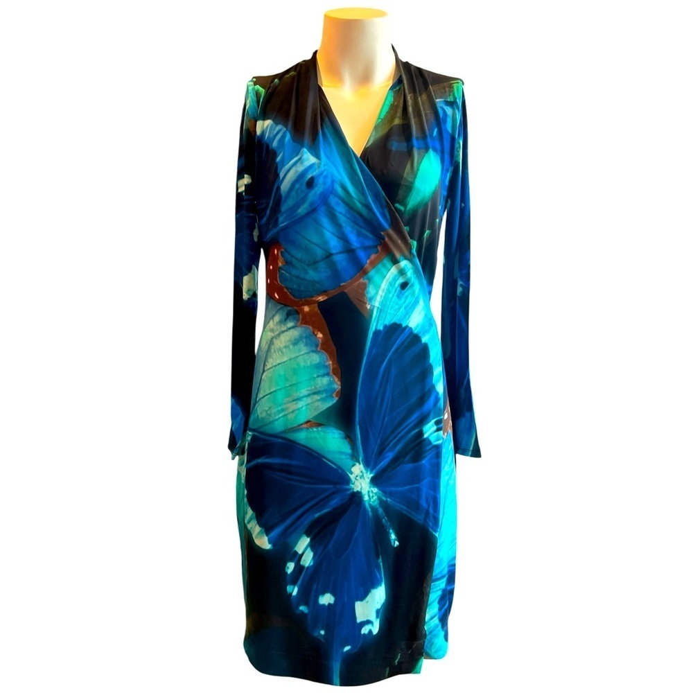 TED BAKER Womens Dress Wrap Belt A-line Butterfly Knee Length Blue Black Elegant
